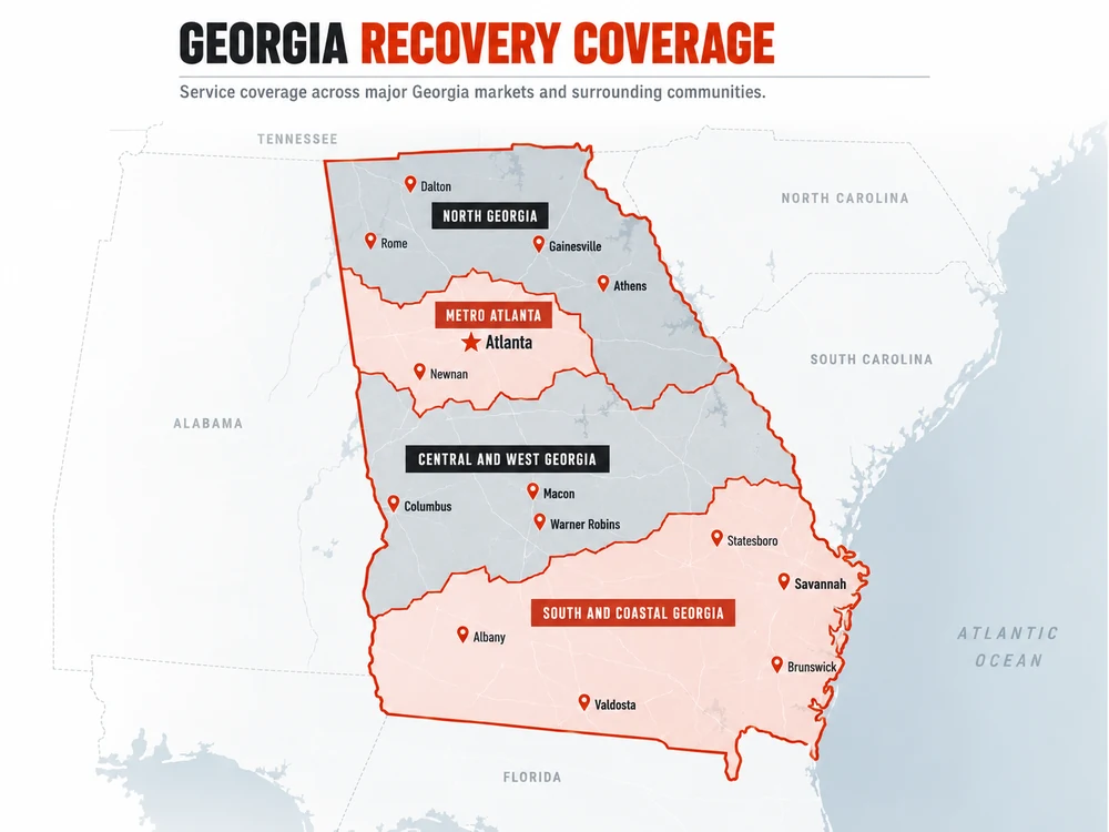 Georgia recovery coverage map highlighting Metro Atlanta, North Georgia, Central and West Georgia, and South and Coastal Georgia.