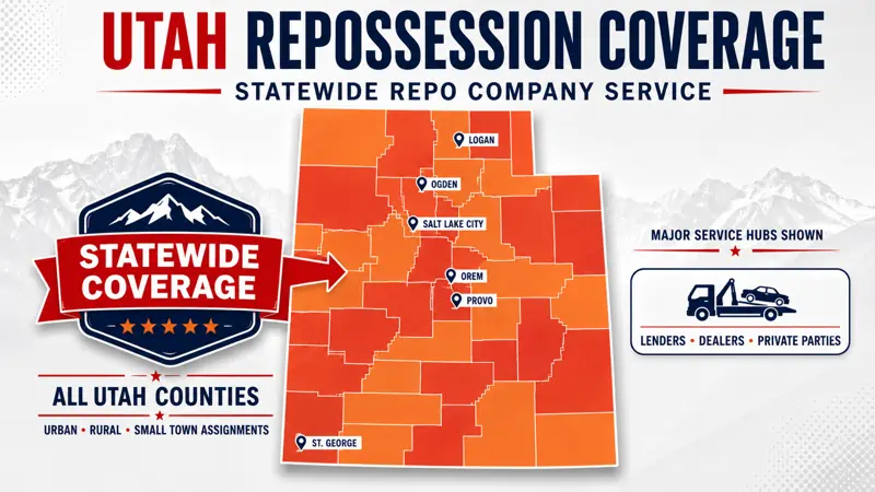 Utah repossession coverage map showing statewide repo company service across all Utah counties, including urban, rural, and small town assignments